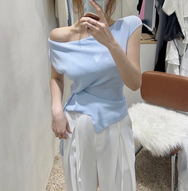 Asymmetrical Neckline Irregular Slit Tie Waist Knit Top