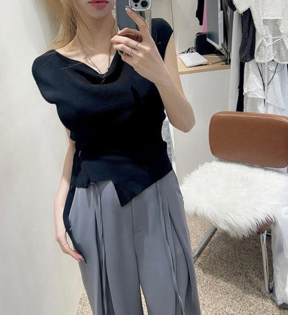 Asymmetrical Neckline Irregular Slit Tie Waist Knit Top