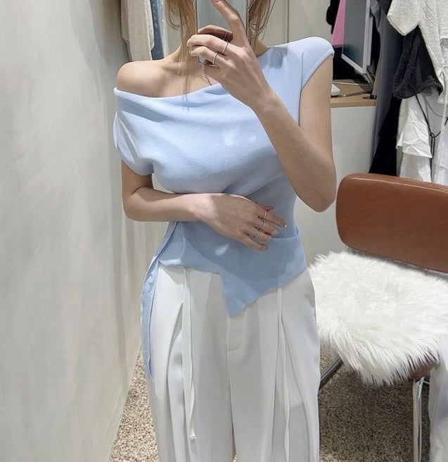 Asymmetrical Neckline Irregular Slit Tie Waist Knit Top