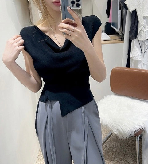 Asymmetrical Neckline Irregular Slit Tie Waist Knit Top