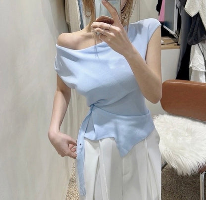 Asymmetrical Neckline Irregular Slit Tie Waist Knit Top