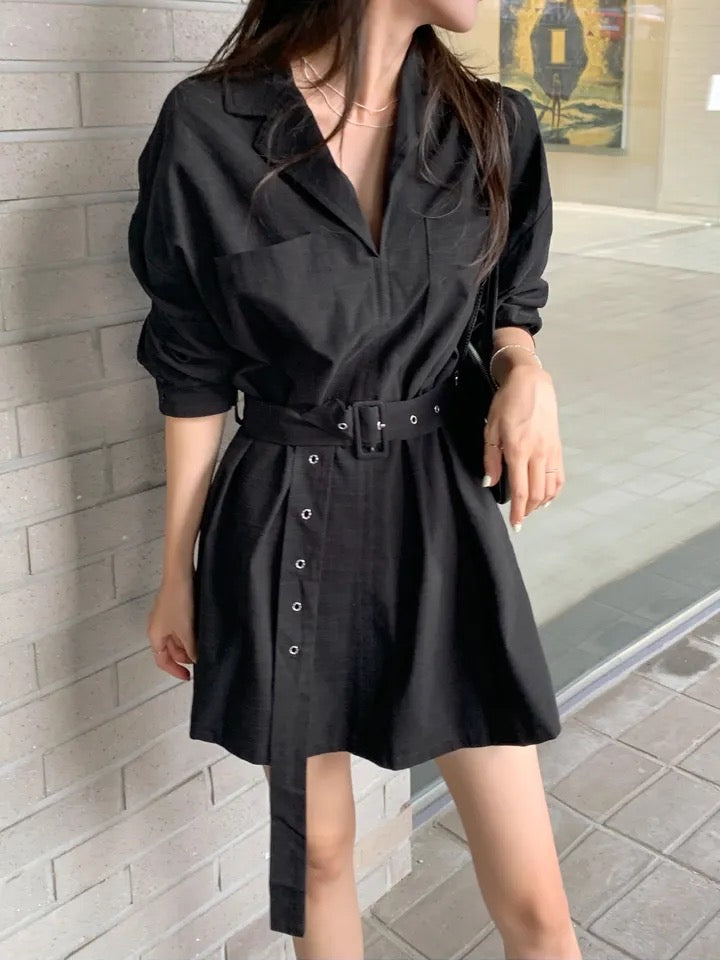 Blazer Collar Waist-Tailored Shirt Dress