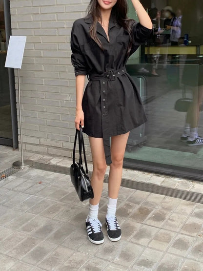 Blazer Collar Waist-Tailored Shirt Dress