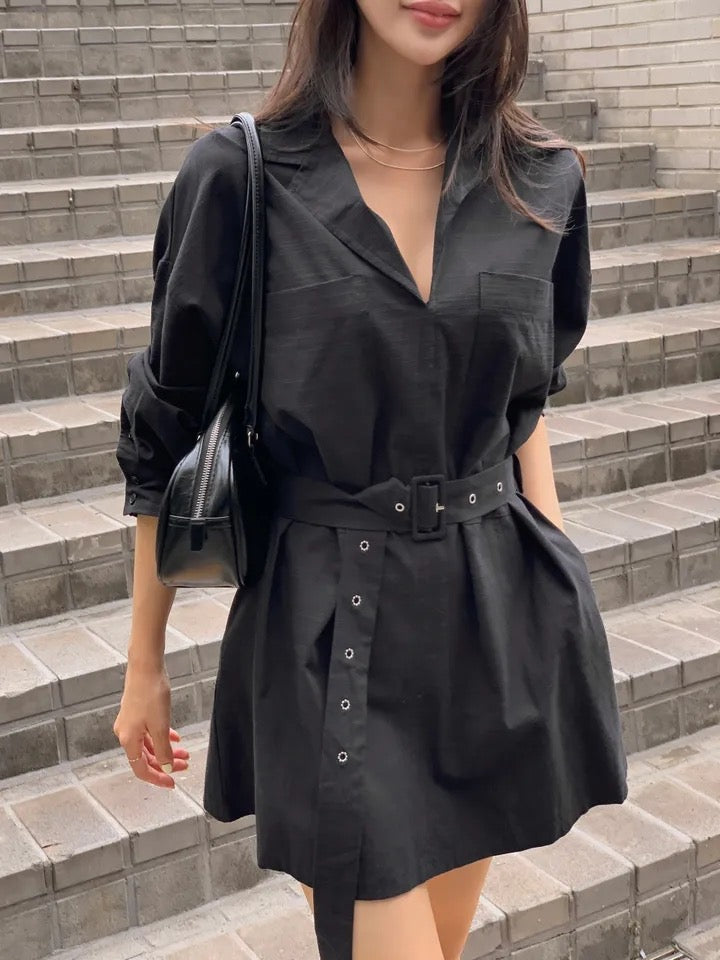 Blazer Collar Waist-Tailored Shirt Dress