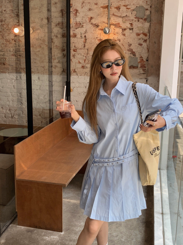 Double Belt Loose Pleated Shirt Dress