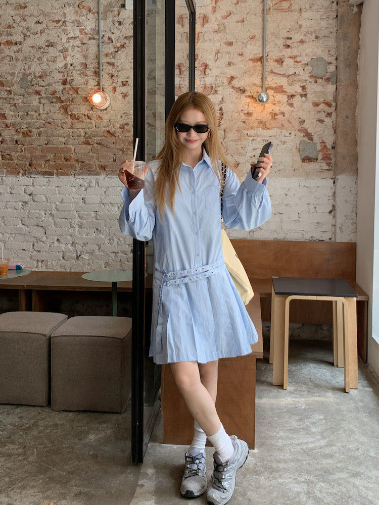 Double Belt Loose Pleated Shirt Dress