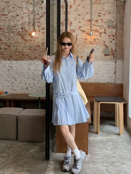 Double Belt Loose Pleated Shirt Dress
