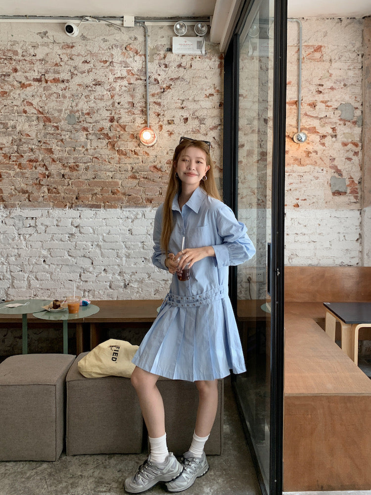 Double Belt Loose Pleated Shirt Dress