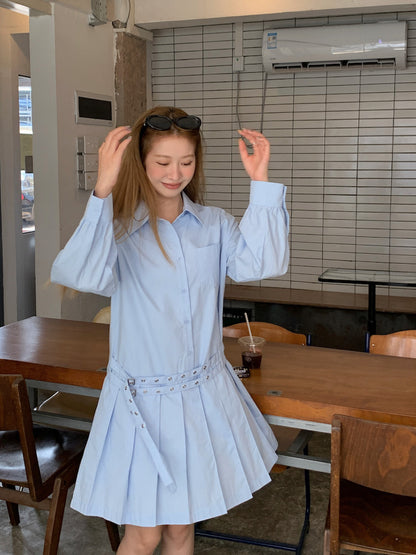 Double Belt Loose Pleated Shirt Dress