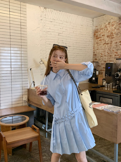 Double Belt Loose Pleated Shirt Dress