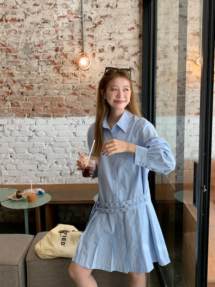 Double Belt Loose Pleated Shirt Dress