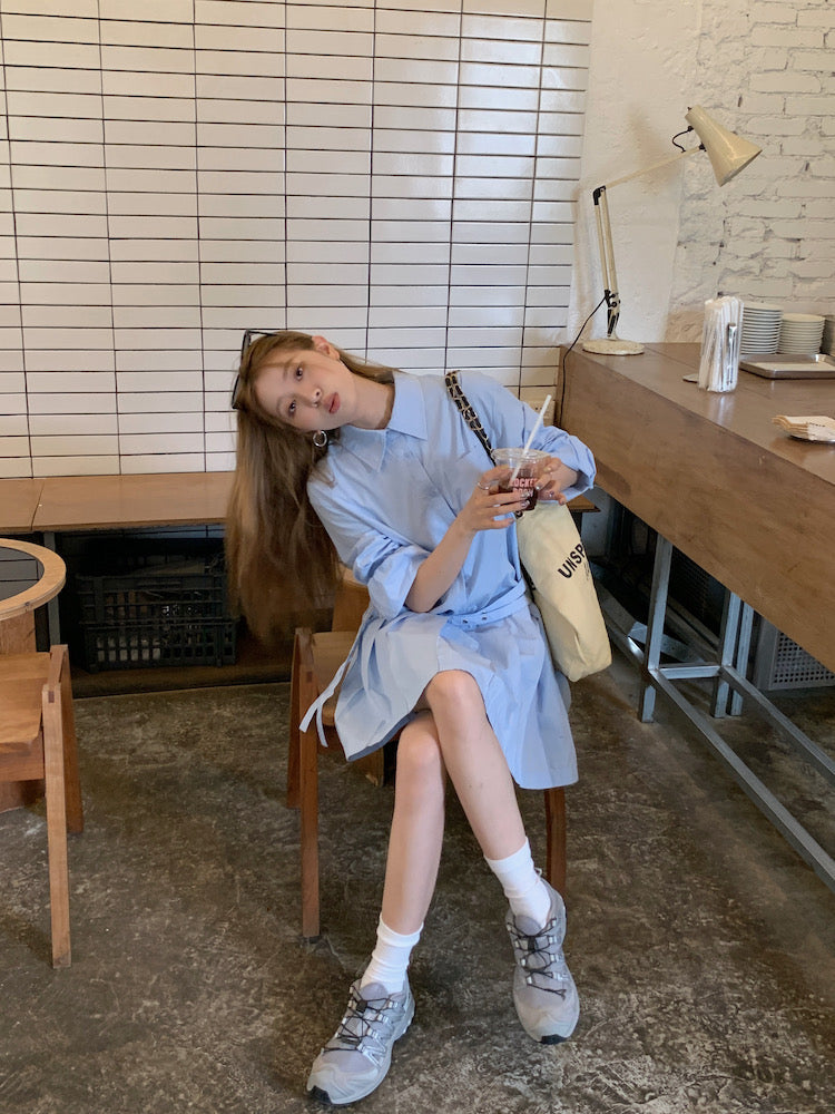 Double Belt Loose Pleated Shirt Dress