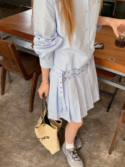 Double Belt Loose Pleated Shirt Dress