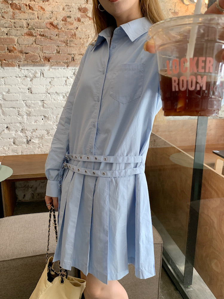 Double Belt Loose Pleated Shirt Dress