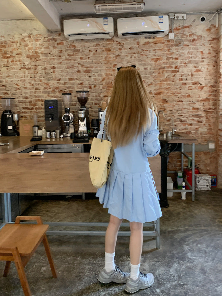 Double Belt Loose Pleated Shirt Dress