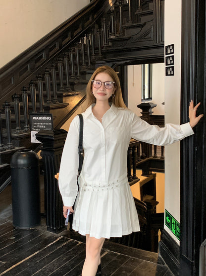 Double Belt Loose Pleated Shirt Dress