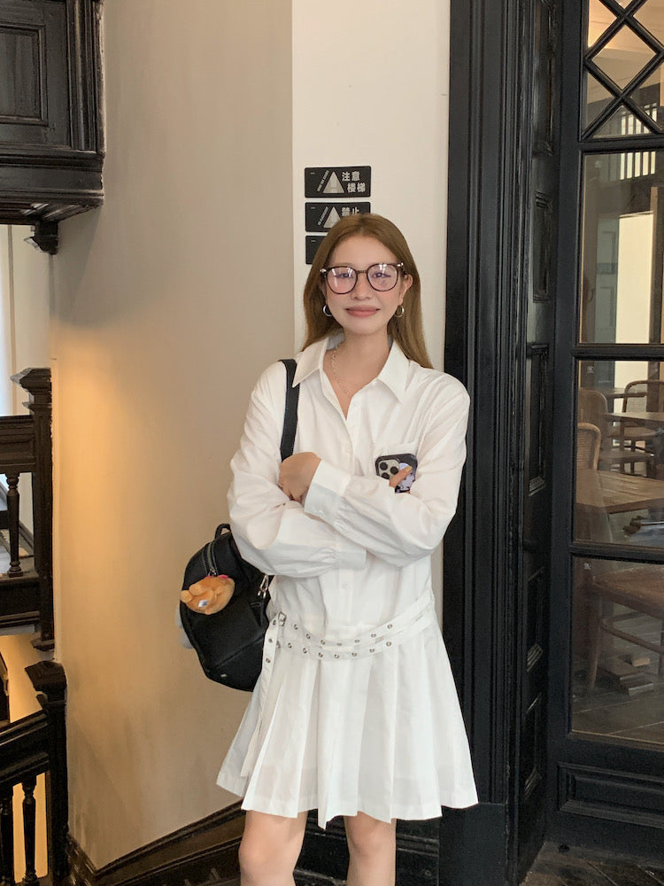 Double Belt Loose Pleated Shirt Dress