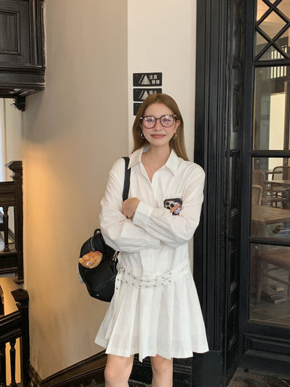 Double Belt Loose Pleated Shirt Dress