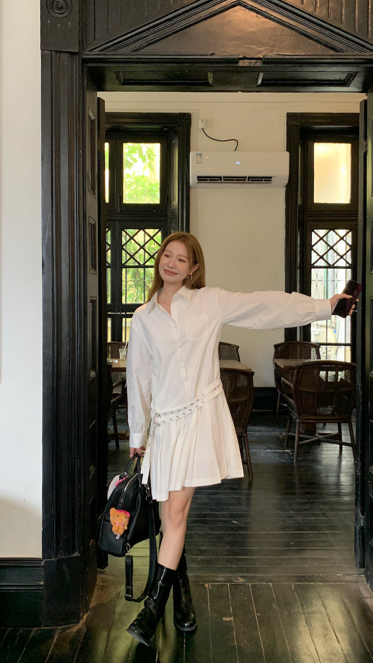 Double Belt Loose Pleated Shirt Dress
