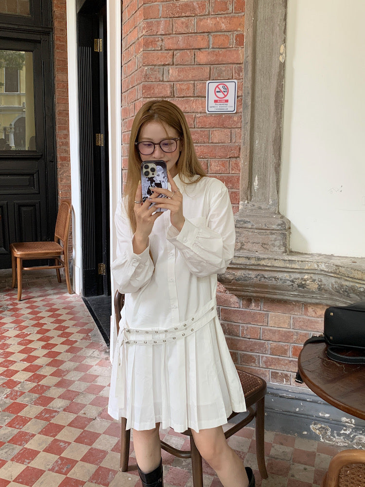 Double Belt Loose Pleated Shirt Dress