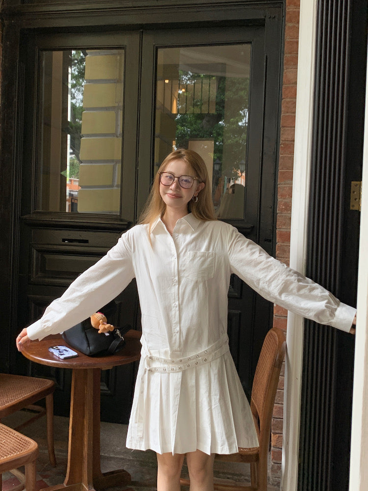 Double Belt Loose Pleated Shirt Dress