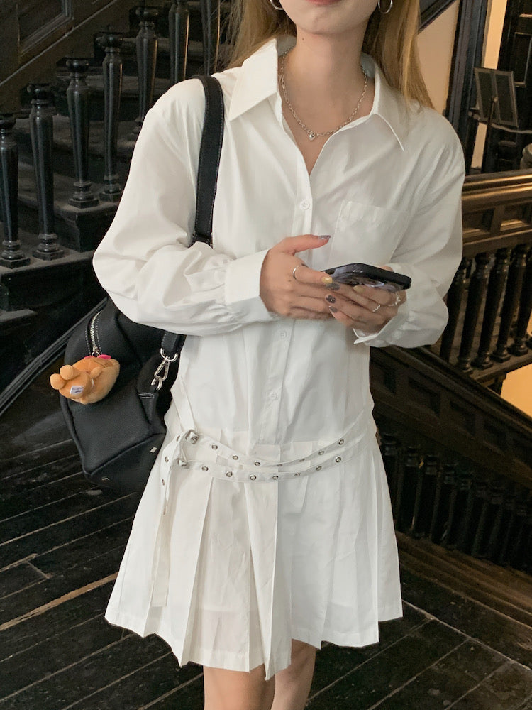 Double Belt Loose Pleated Shirt Dress