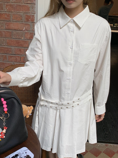 Double Belt Loose Pleated Shirt Dress