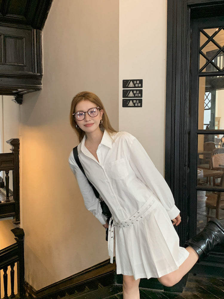 Double Belt Loose Pleated Shirt Dress