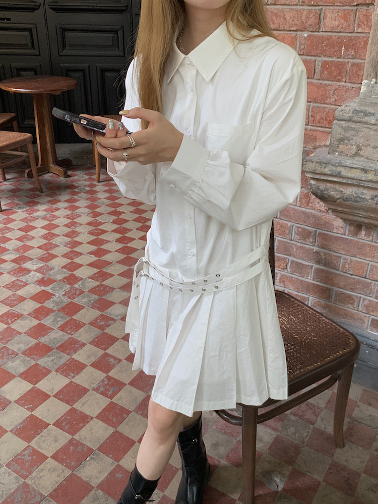 Double Belt Loose Pleated Shirt Dress