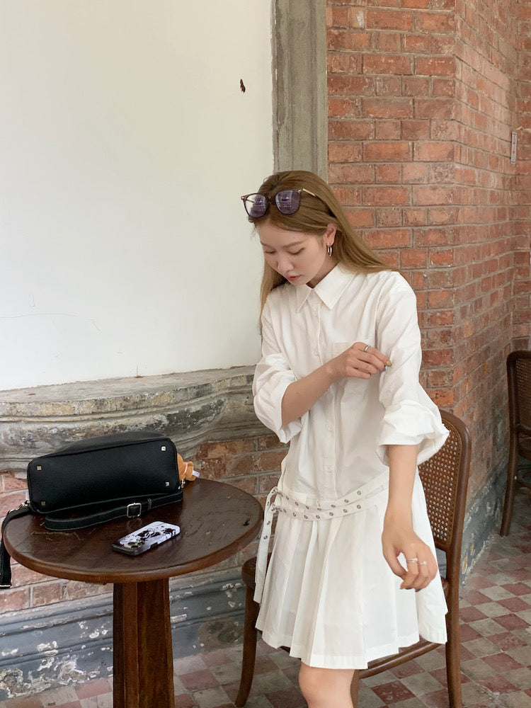 Double Belt Loose Pleated Shirt Dress