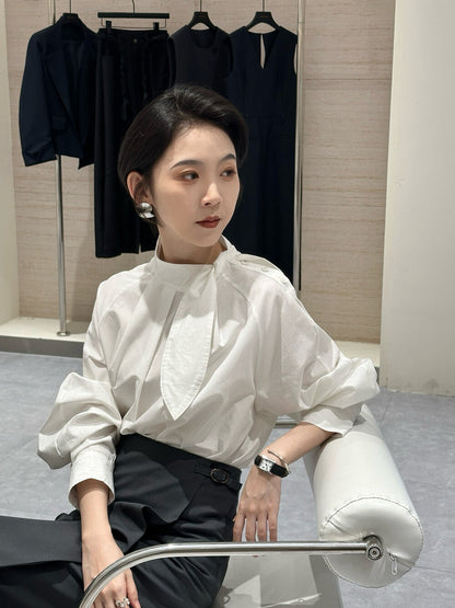 Mandarin Collar Shirt with Rabbit Ear Asymmetrical Placket