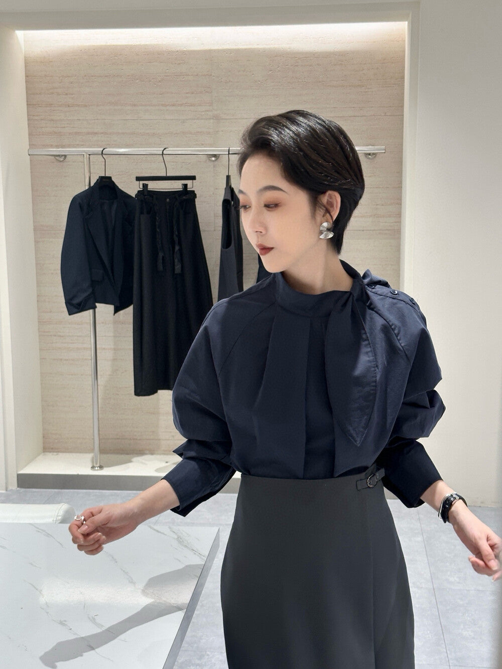 Mandarin Collar Shirt with Rabbit Ear Asymmetrical Placket
