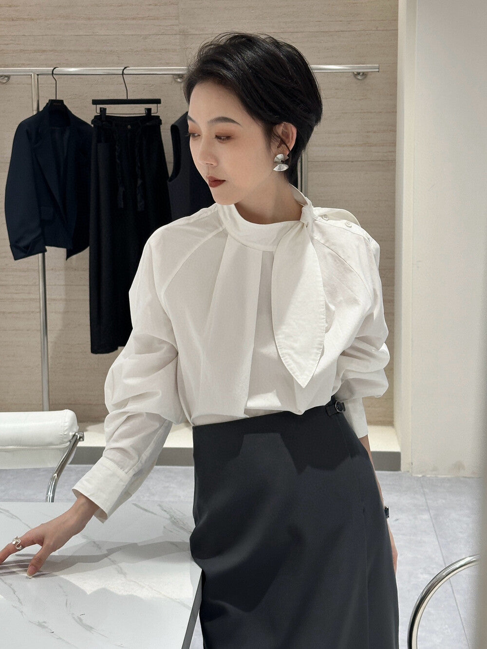 Mandarin Collar Shirt with Rabbit Ear Asymmetrical Placket