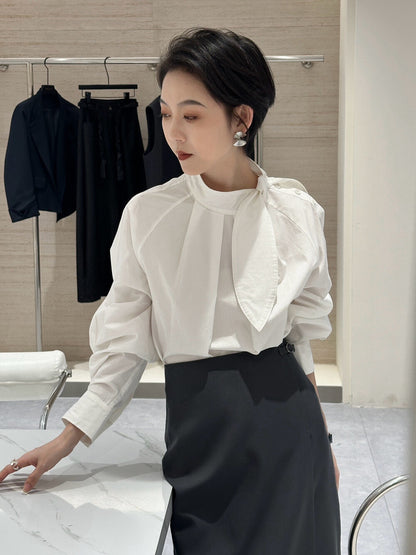 Mandarin Collar Shirt with Rabbit Ear Asymmetrical Placket