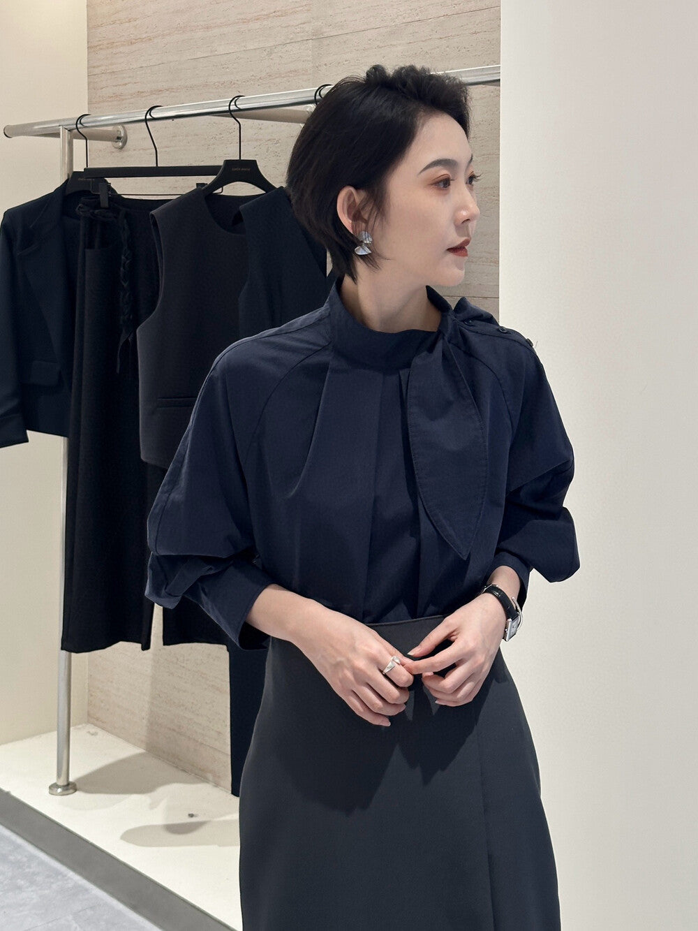 Mandarin Collar Shirt with Rabbit Ear Asymmetrical Placket