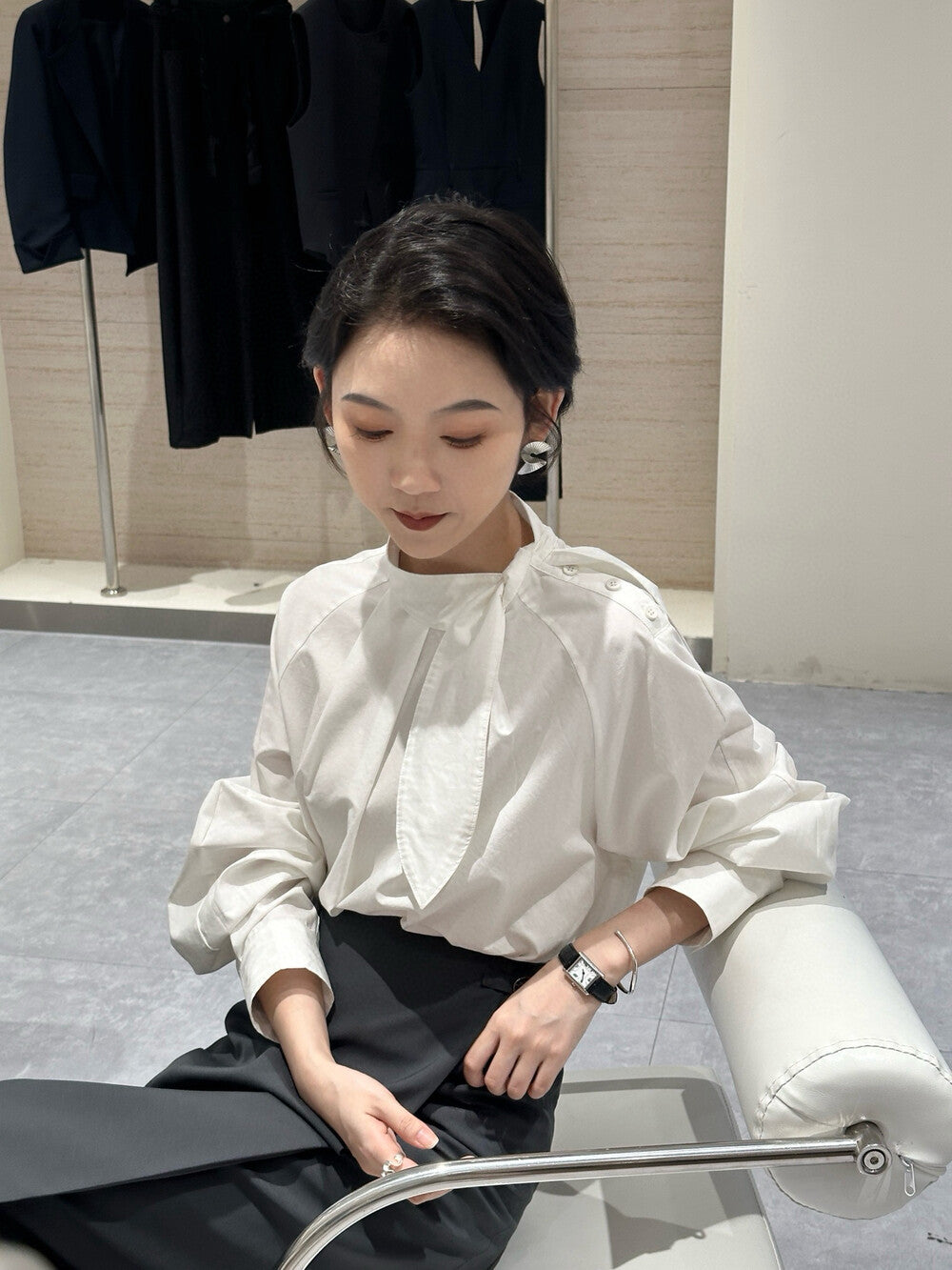 Mandarin Collar Shirt with Rabbit Ear Asymmetrical Placket