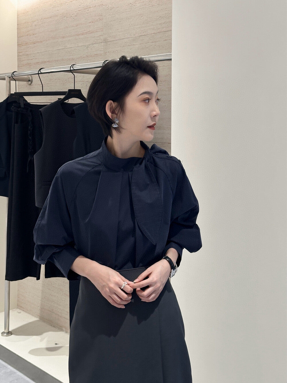 Mandarin Collar Shirt with Rabbit Ear Asymmetrical Placket