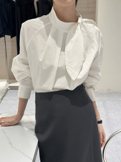 Mandarin Collar Shirt with Rabbit Ear Asymmetrical Placket
