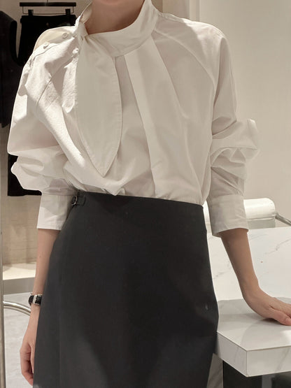 Mandarin Collar Shirt with Rabbit Ear Asymmetrical Placket