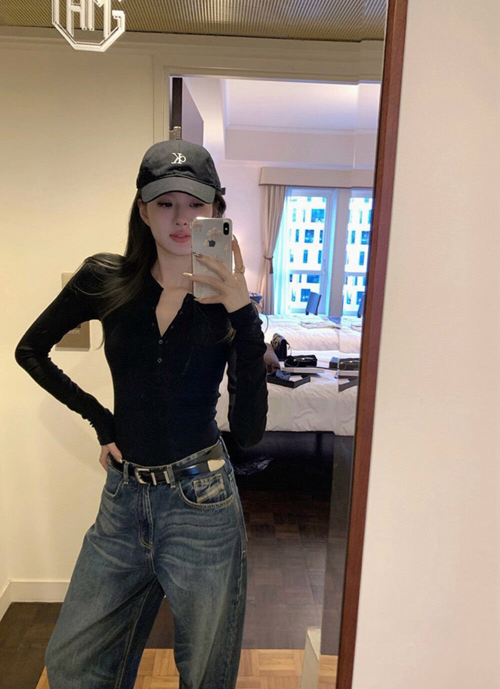 V-neck Half Button Slim Fit Knitted Top