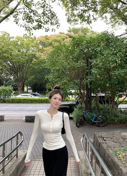 V-neck Half Button Slim Fit Knitted Top