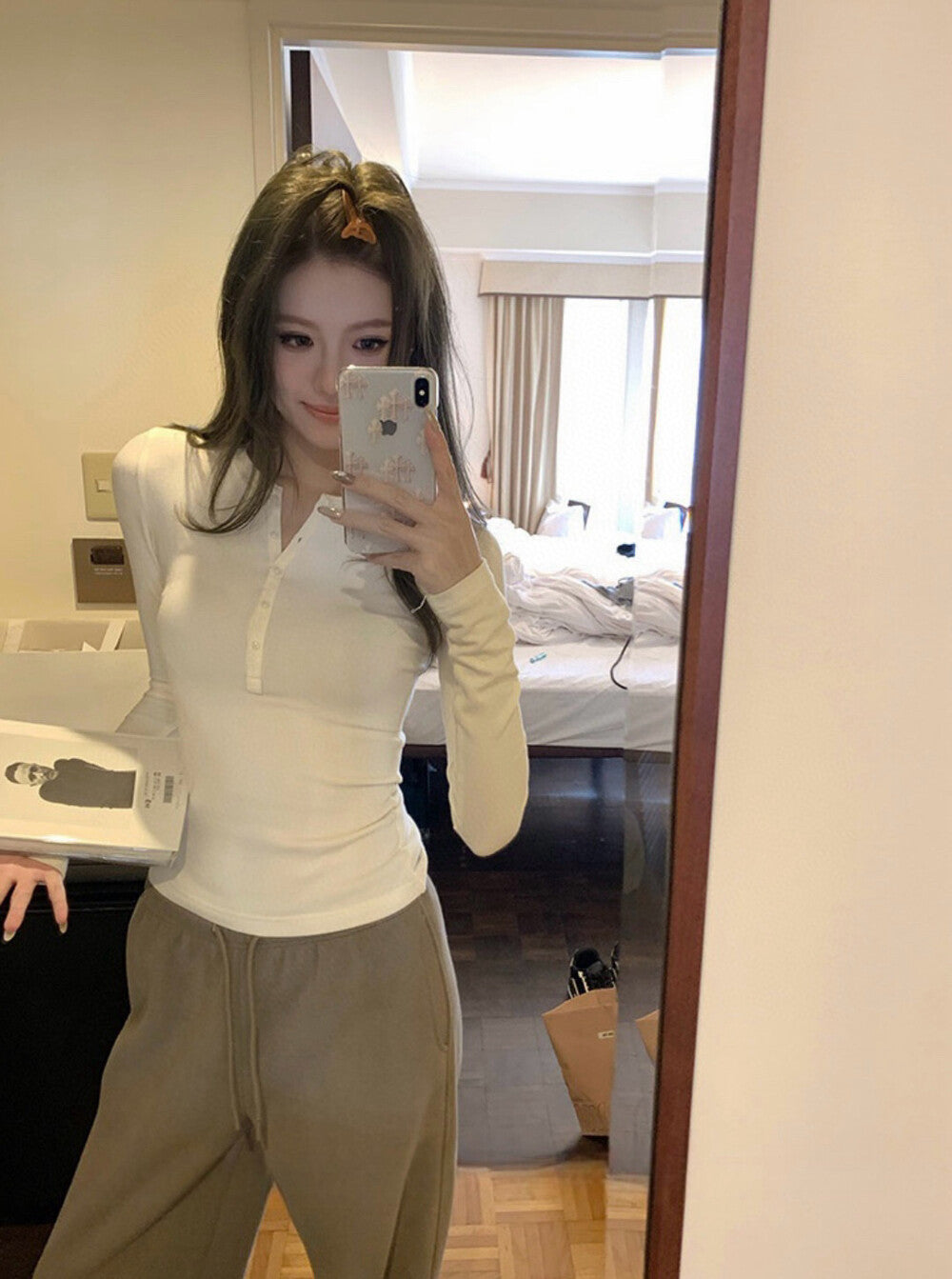 V-neck Half Button Slim Fit Knitted Top