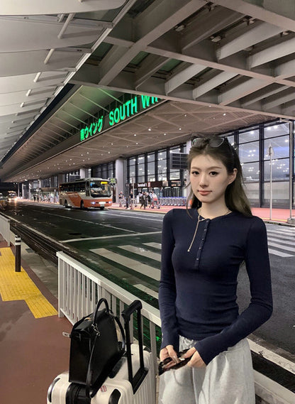 V-neck Half Button Slim Fit Knitted Top