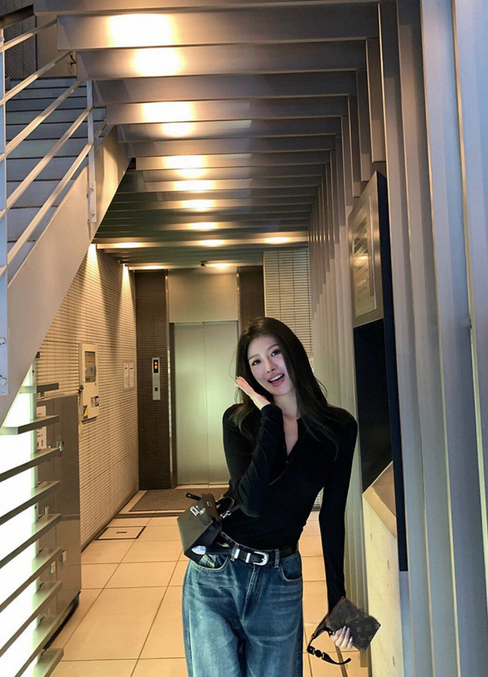 V-neck Half Button Slim Fit Knitted Top