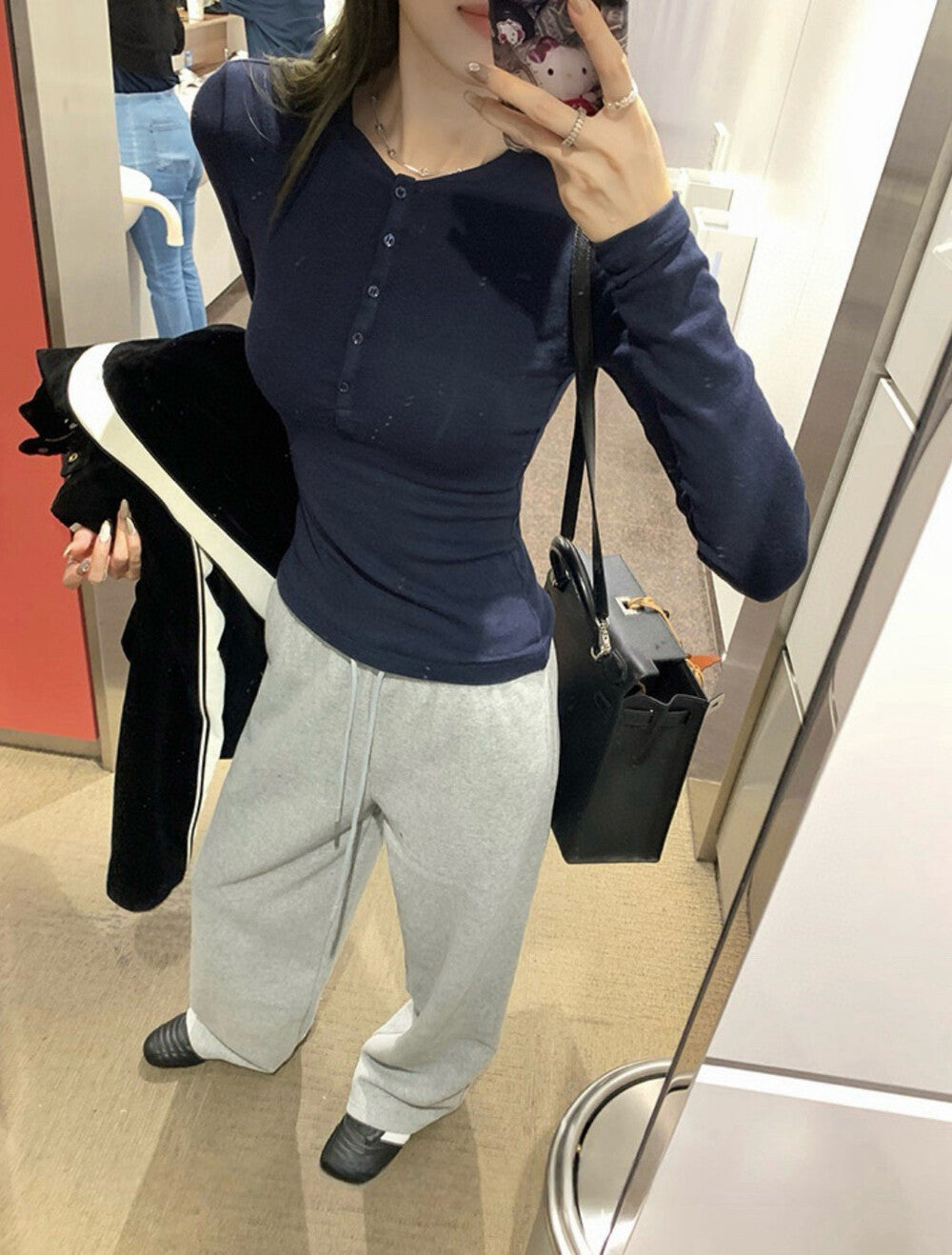 V-neck Half Button Slim Fit Knitted Top