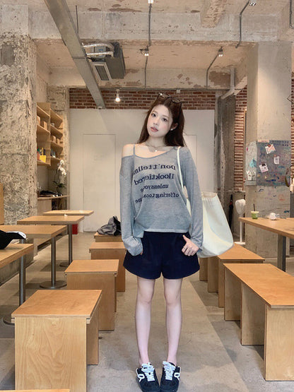 Slouchy Letter Off-Shoulder Top + Casual Shorts Set