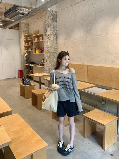 Slouchy Letter Off-Shoulder Top + Casual Shorts Set