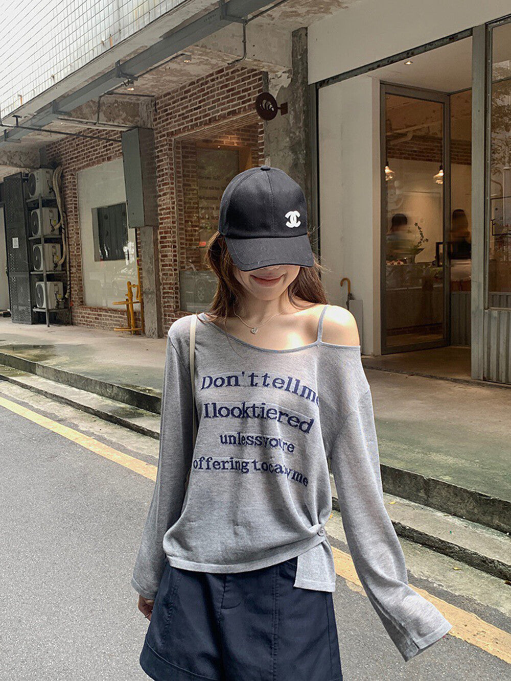 Slouchy Letter Off-Shoulder Top + Casual Shorts Set