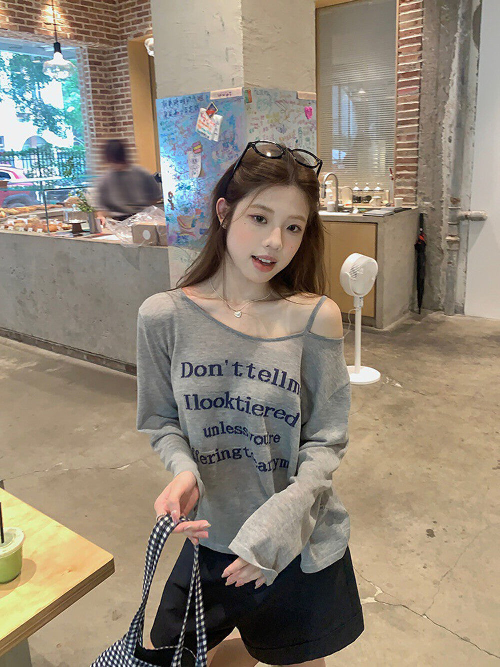 Slouchy Letter Off-Shoulder Top + Casual Shorts Set