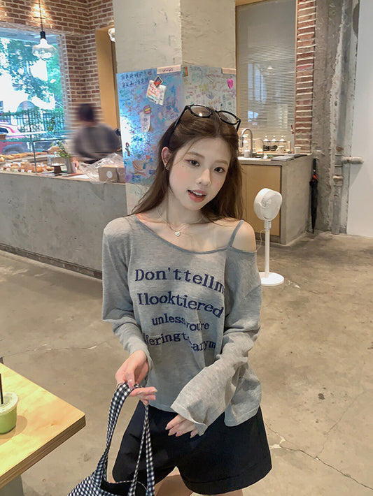 Slouchy Letter Off-Shoulder Top + Casual Shorts Set